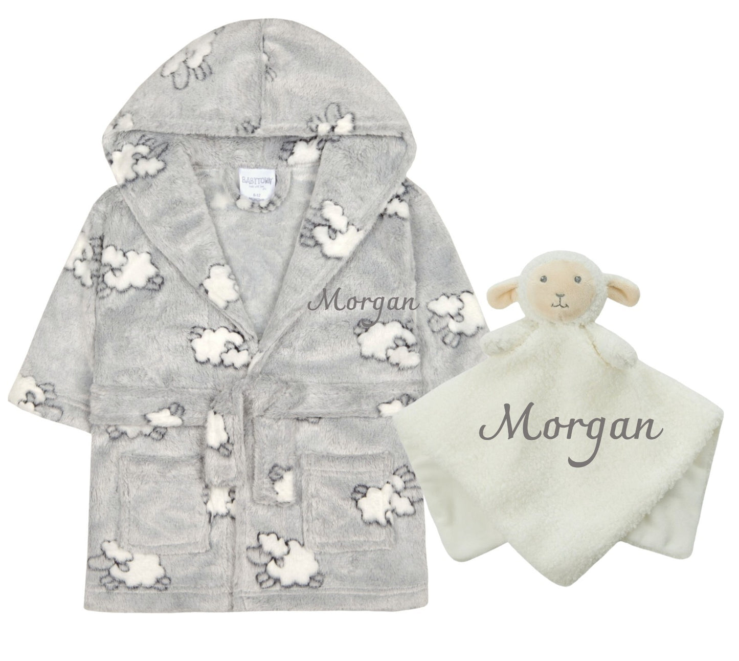 Baby Dressing Gown Lamb Print and Matching Lamb Comforter 0-6 and 6-12 months