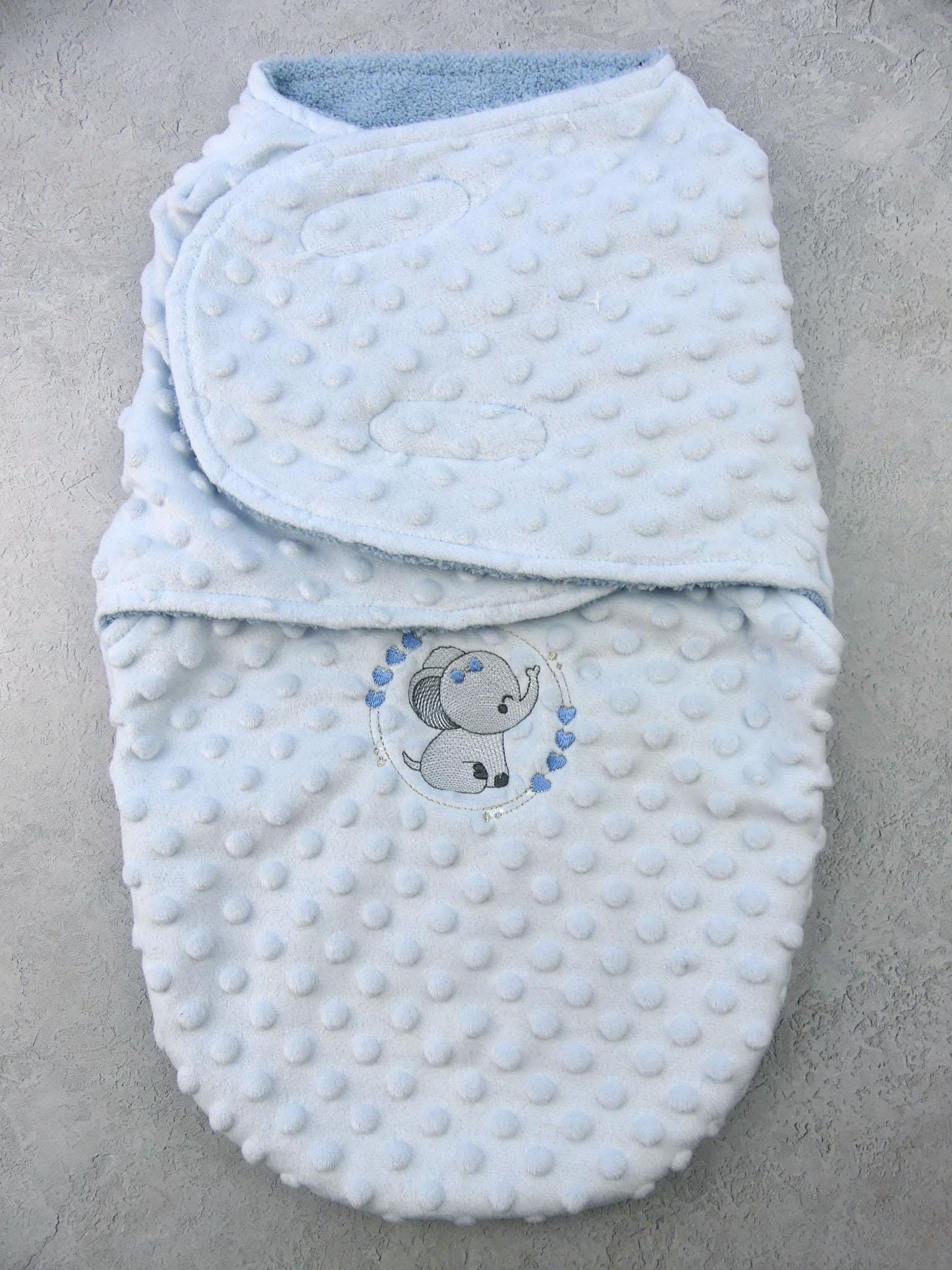 Babies Elephant Theme Swaddle Wrap Blanket 0-3 Months Fluffy Lined Baby Wrap Blanket Personalised name added with Embroidery